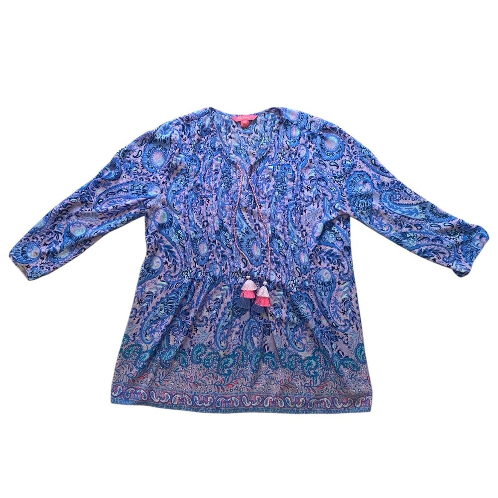 Lilly Pulitzer Marlina Top Large Womens Tasseled Tunic Purple Iris Boho Flowy